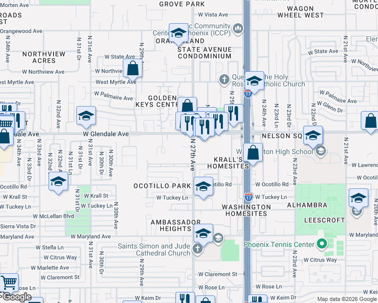 map of restaurants, bars, coffee shops, grocery stores, and more near 6816 North 27th Avenue in Phoenix