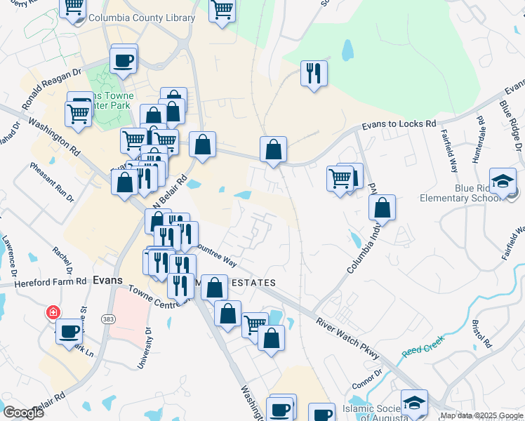 map of restaurants, bars, coffee shops, grocery stores, and more near 3010 English Lane in Evans