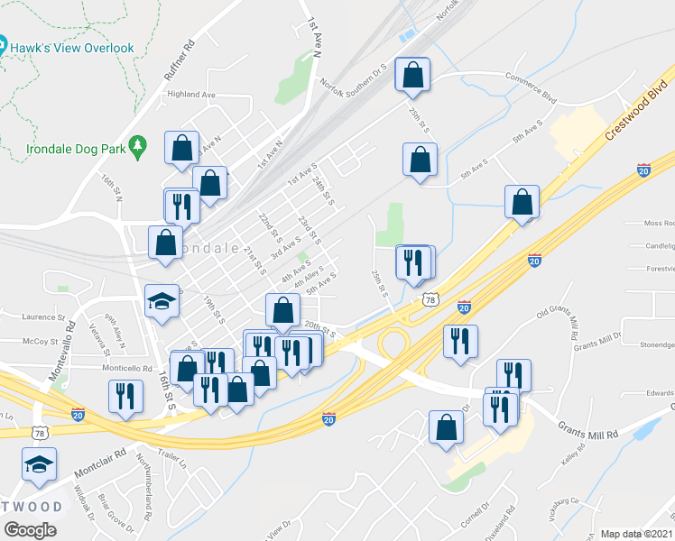 map of restaurants, bars, coffee shops, grocery stores, and more near 498 23rd Street South in Irondale