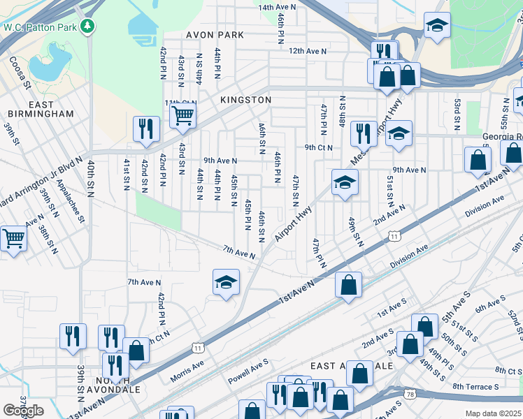 map of restaurants, bars, coffee shops, grocery stores, and more near 801 46th Street North in Birmingham