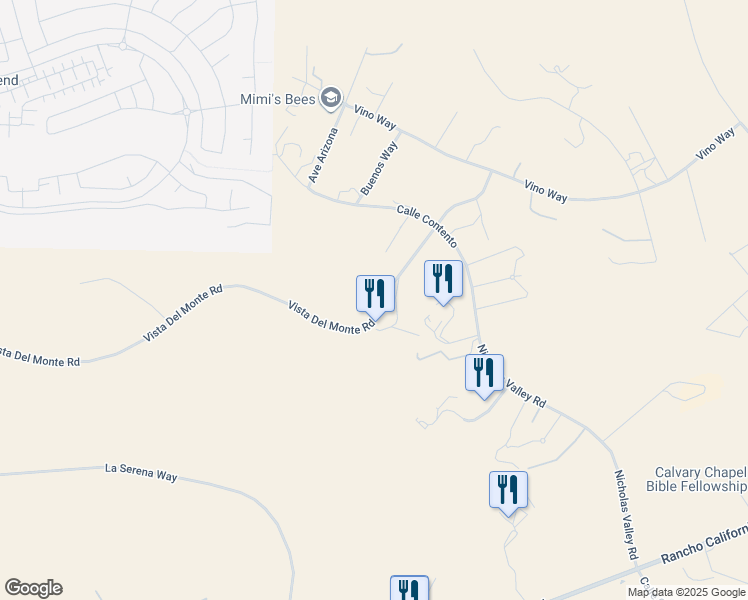 map of restaurants, bars, coffee shops, grocery stores, and more near 33140 Vista Del Monte Road in Temecula
