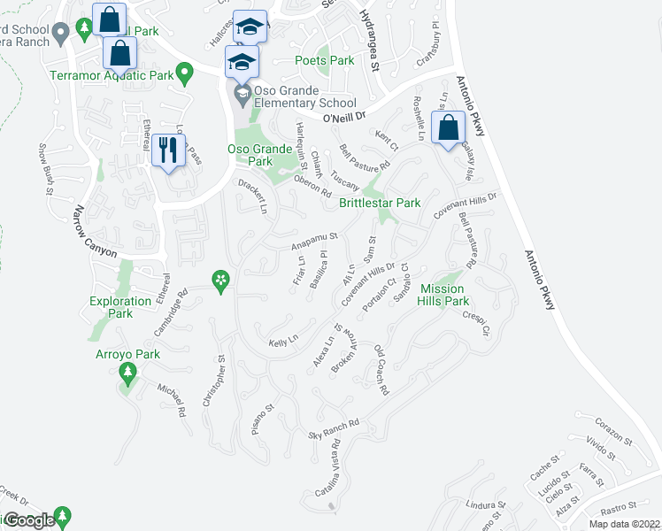 map of restaurants, bars, coffee shops, grocery stores, and more near 17 Basilica Place in Ladera Ranch