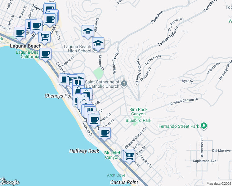 map of restaurants, bars, coffee shops, grocery stores, and more near 649 Anita Street in Laguna Beach