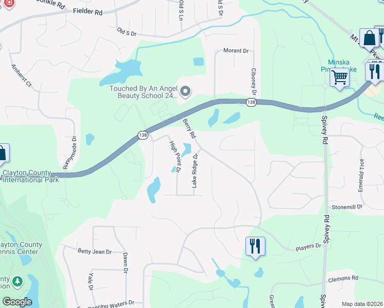 map of restaurants, bars, coffee shops, grocery stores, and more near 7943 Lake Ridge Drive in Jonesboro