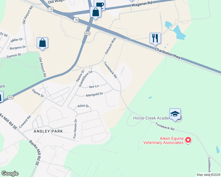 map of restaurants, bars, coffee shops, grocery stores, and more near 209 Grandiflora Circle in Aiken