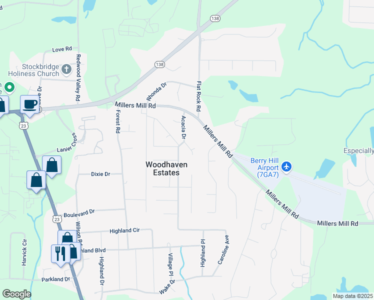 map of restaurants, bars, coffee shops, grocery stores, and more near 155 Cottonwood Court in Stockbridge