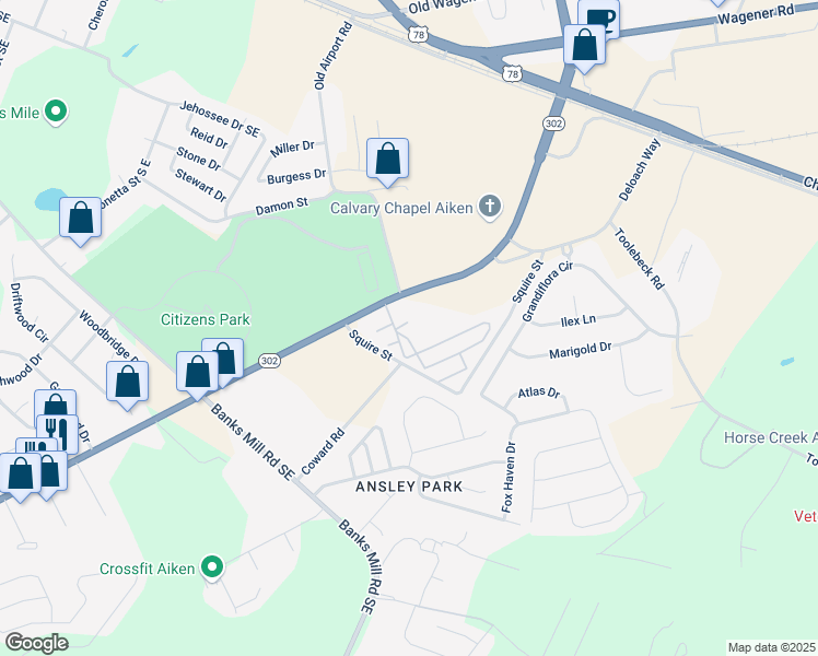 map of restaurants, bars, coffee shops, grocery stores, and more near 10 Maybelle Lane in Aiken