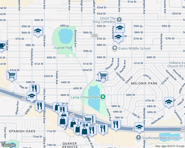map of restaurants, bars, coffee shops, grocery stores, and more near 6306 Quaker Avenue in Lubbock