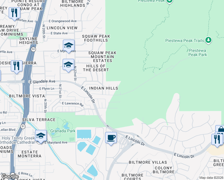 map of restaurants, bars, coffee shops, grocery stores, and more near 2432 Piestewa Peak Drive in Phoenix