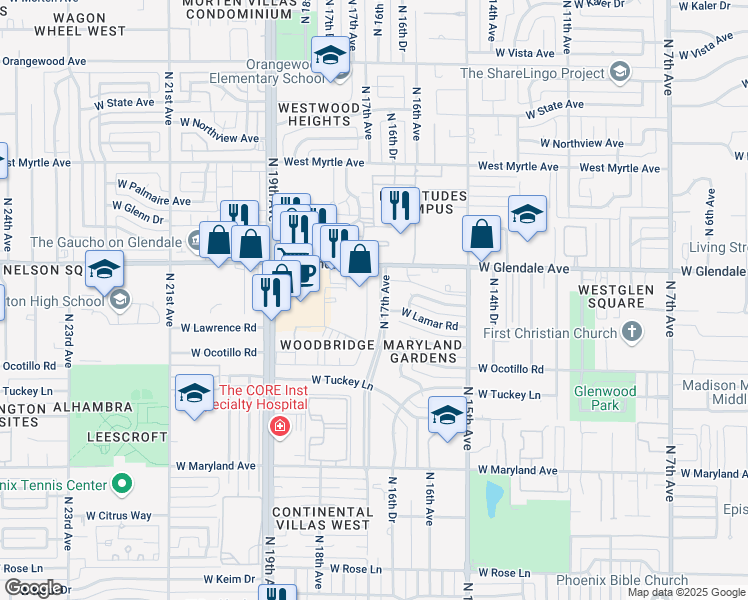 map of restaurants, bars, coffee shops, grocery stores, and more near 6730 North 17th Avenue in Phoenix