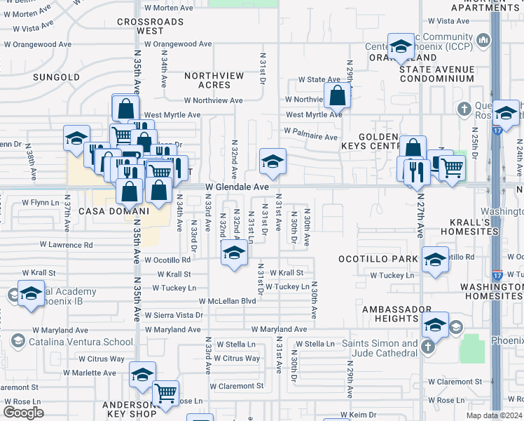 map of restaurants, bars, coffee shops, grocery stores, and more near 6808 North 31st Drive in Phoenix