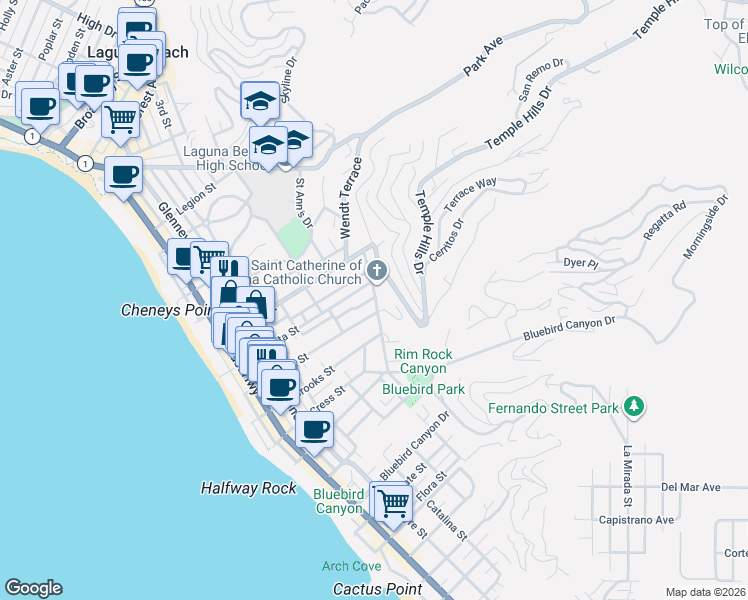 map of restaurants, bars, coffee shops, grocery stores, and more near 665 Lombardy Lane in Laguna Beach
