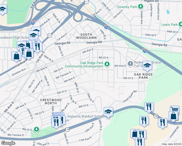 map of restaurants, bars, coffee shops, grocery stores, and more near 612 62nd Street South in Birmingham