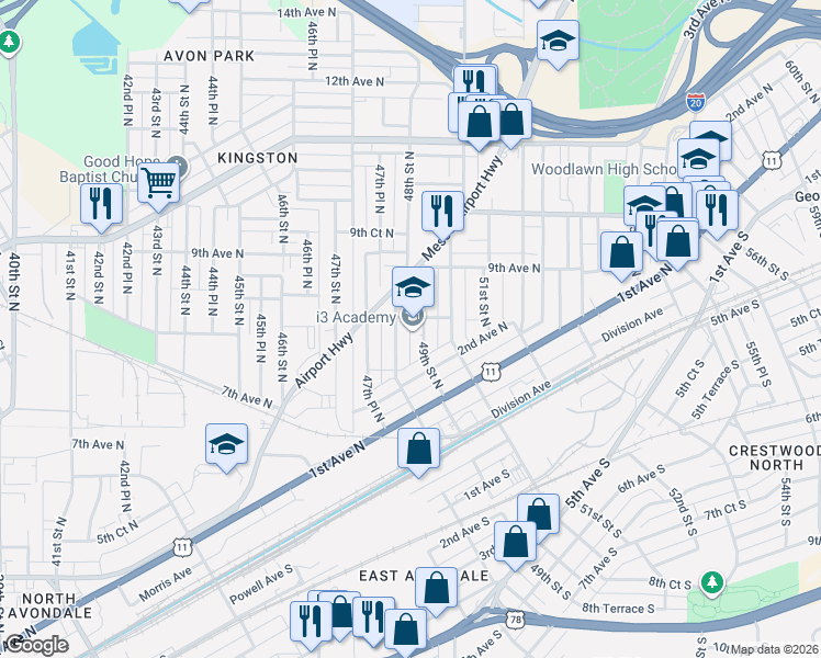 map of restaurants, bars, coffee shops, grocery stores, and more near 227 49th Street North in Birmingham