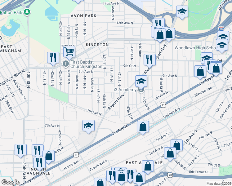 map of restaurants, bars, coffee shops, grocery stores, and more near 787 46th Street North in Birmingham