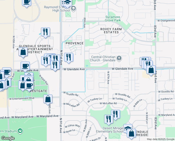 map of restaurants, bars, coffee shops, grocery stores, and more near 8847 West Glendale Avenue in Glendale