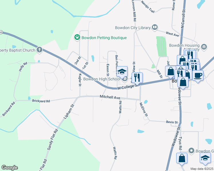 map of restaurants, bars, coffee shops, grocery stores, and more near 700 West College Street in Carrollton