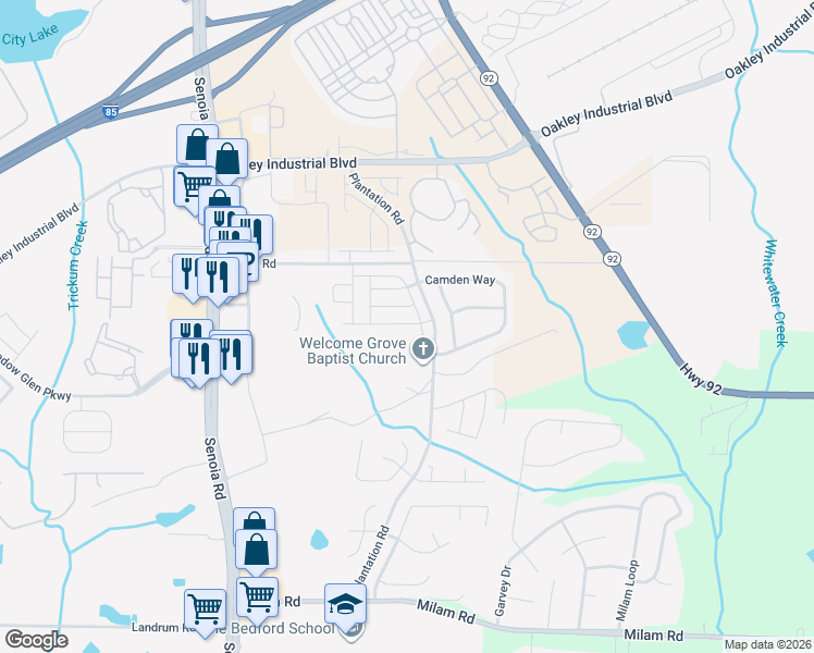 map of restaurants, bars, coffee shops, grocery stores, and more near 318 Lauren Drive in Fairburn