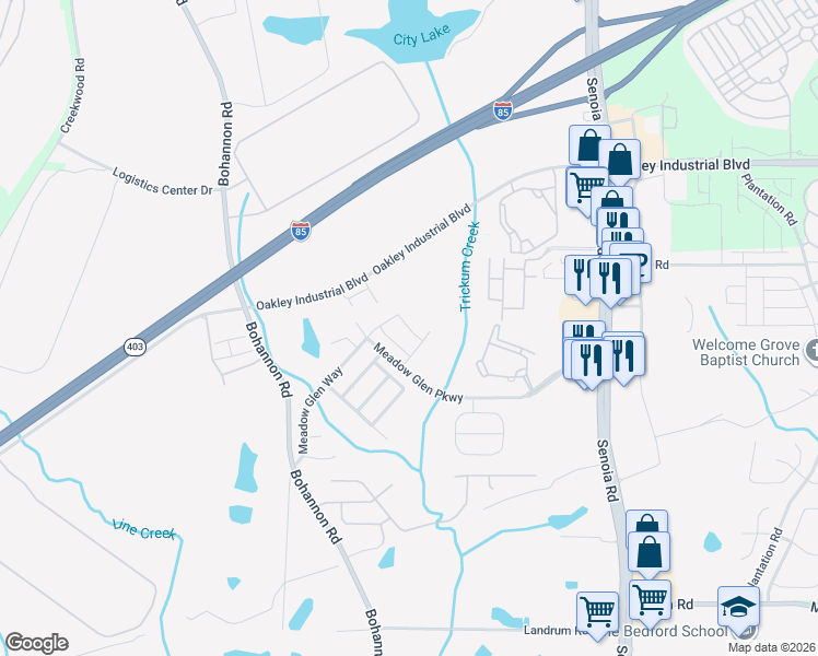 map of restaurants, bars, coffee shops, grocery stores, and more near 9047 Highland Parkway in Fairburn
