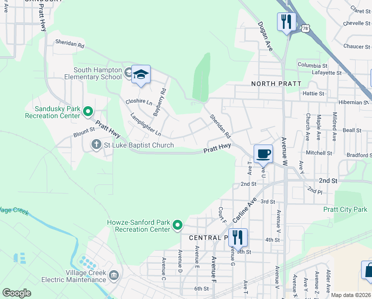 map of restaurants, bars, coffee shops, grocery stores, and more near 196 Pratt Highway in Birmingham