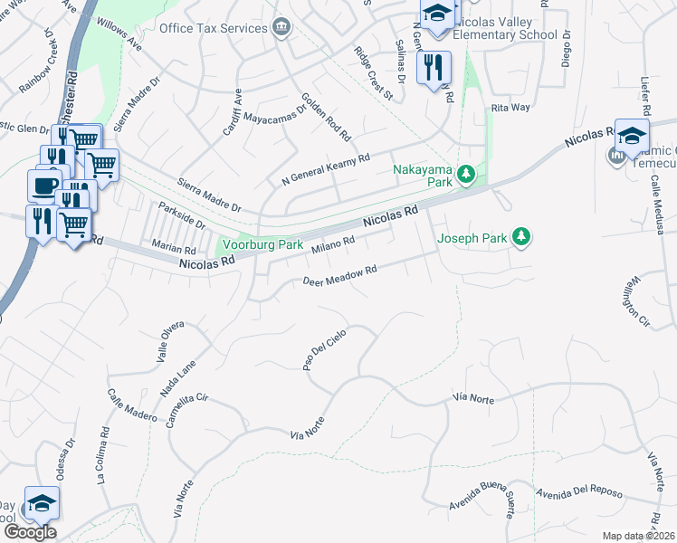 map of restaurants, bars, coffee shops, grocery stores, and more near 40140 Village Road in Temecula