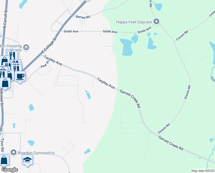 map of restaurants, bars, coffee shops, grocery stores, and more near 436 Tarpley Avenue in Bowdon