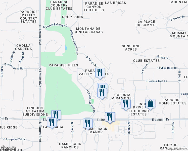 map of restaurants, bars, coffee shops, grocery stores, and more near 6800 North Mummy Mountain Road in Paradise Valley
