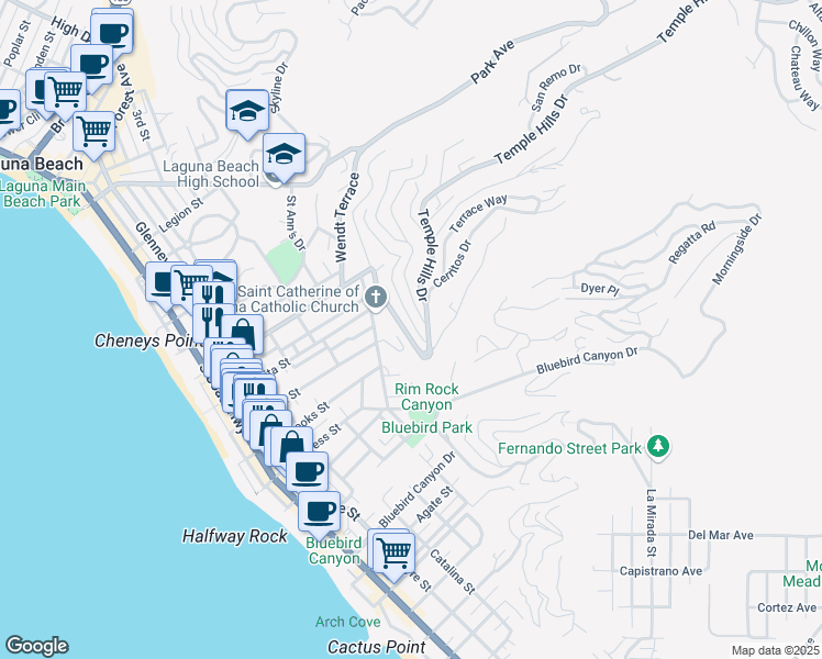 map of restaurants, bars, coffee shops, grocery stores, and more near 1121 Coast View Drive in Laguna Beach