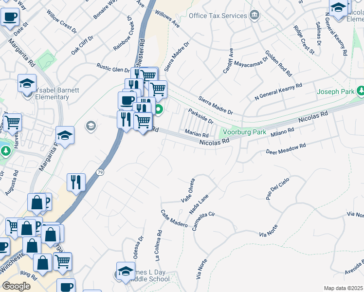 map of restaurants, bars, coffee shops, grocery stores, and more near 39553 Canary Circle in Temecula