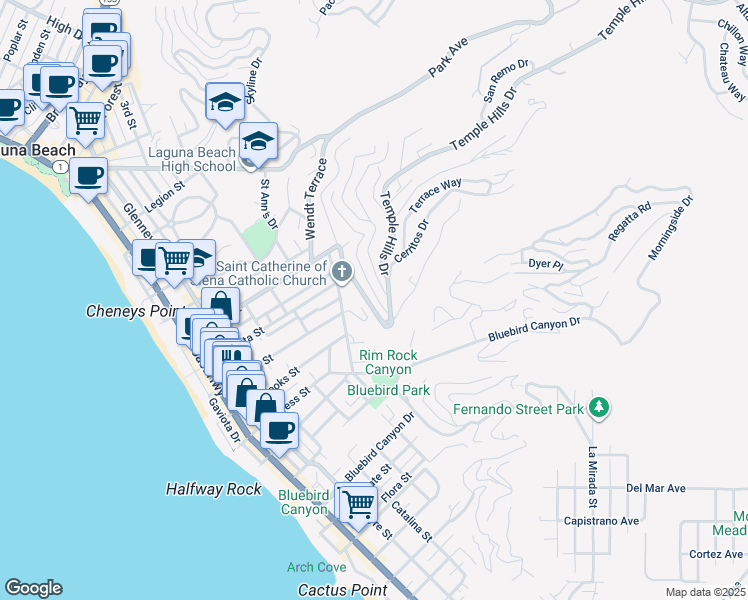 map of restaurants, bars, coffee shops, grocery stores, and more near 1121 Coast View Drive in Laguna Beach