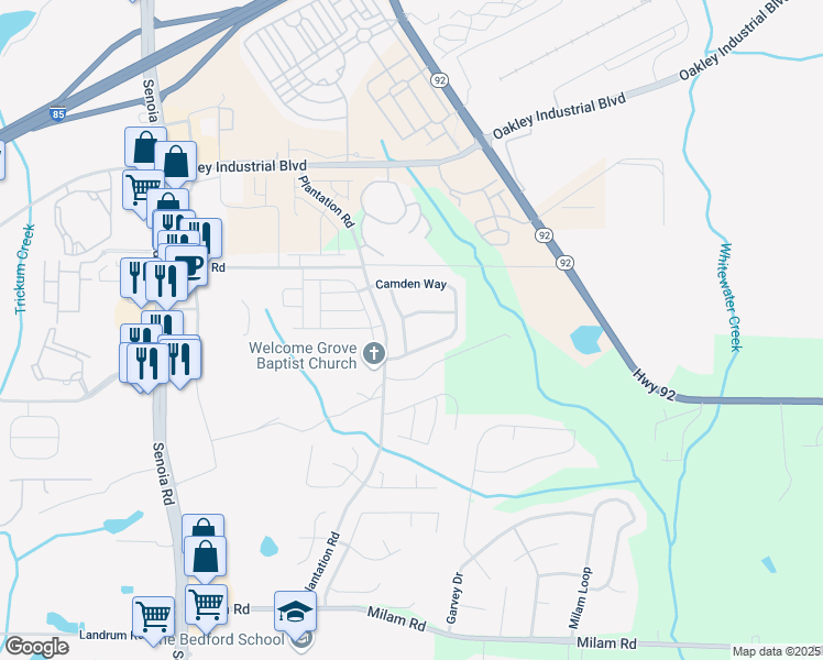 map of restaurants, bars, coffee shops, grocery stores, and more near 118 Greenwood Trace in Fairburn