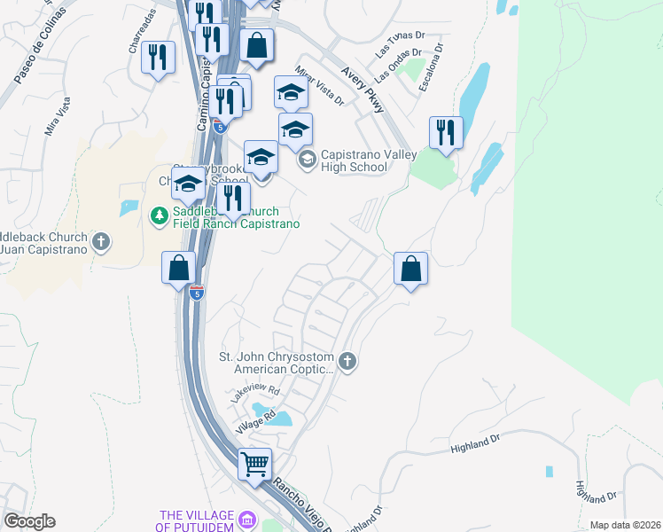 map of restaurants, bars, coffee shops, grocery stores, and more near 29321 Sandalwood Court in San Juan Capistrano