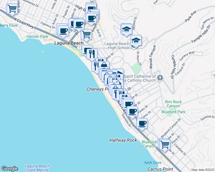 map of restaurants, bars, coffee shops, grocery stores, and more near in Laguna Beach