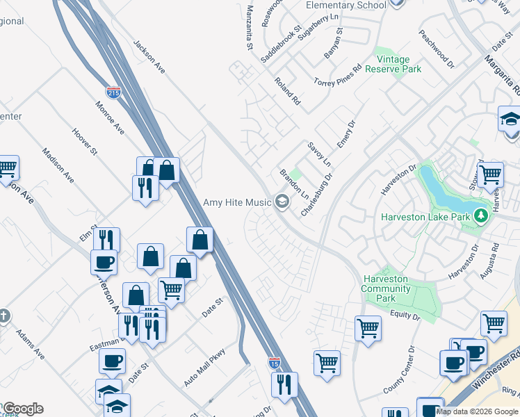 map of restaurants, bars, coffee shops, grocery stores, and more near 28224 Melrose Drive in Temecula