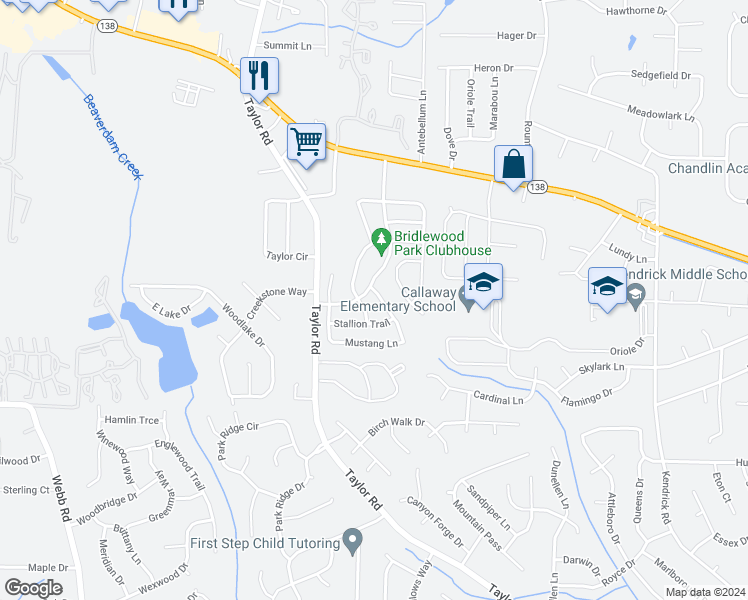 map of restaurants, bars, coffee shops, grocery stores, and more near 7949 Mustang Lane in Riverdale