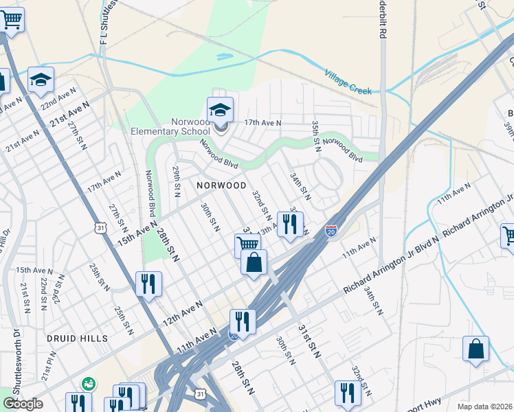 map of restaurants, bars, coffee shops, grocery stores, and more near 1328 32nd Street North in Birmingham