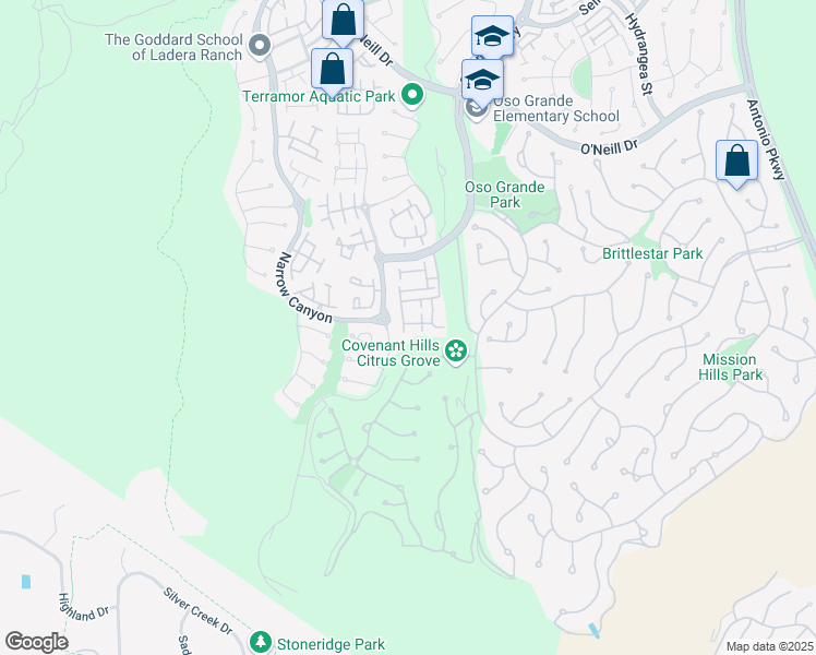 map of restaurants, bars, coffee shops, grocery stores, and more near 34 Bower Lane in Mission Viejo
