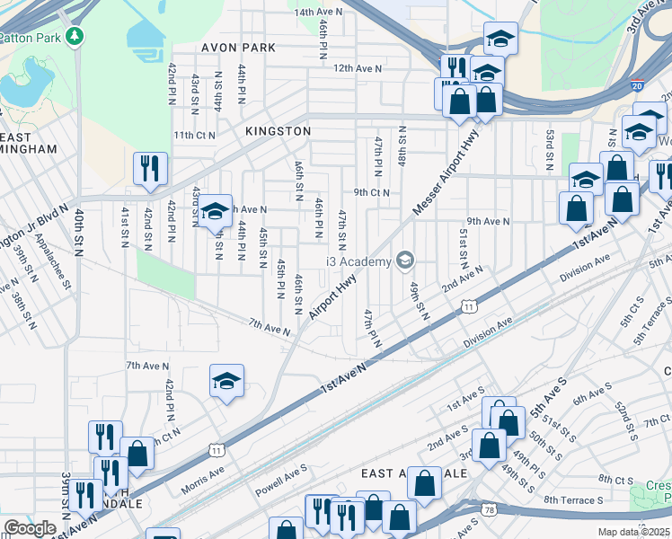 map of restaurants, bars, coffee shops, grocery stores, and more near 712 47th Street North in Birmingham