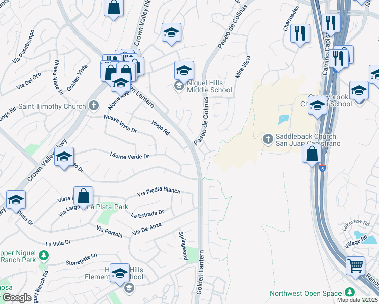 map of restaurants, bars, coffee shops, grocery stores, and more near 25421 Hugo Road in Laguna Niguel