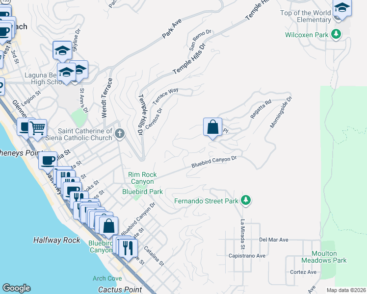 map of restaurants, bars, coffee shops, grocery stores, and more near 962 Oriole Drive in Laguna Beach