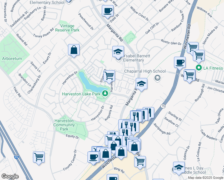 map of restaurants, bars, coffee shops, grocery stores, and more near 40188 Village Road in Temecula