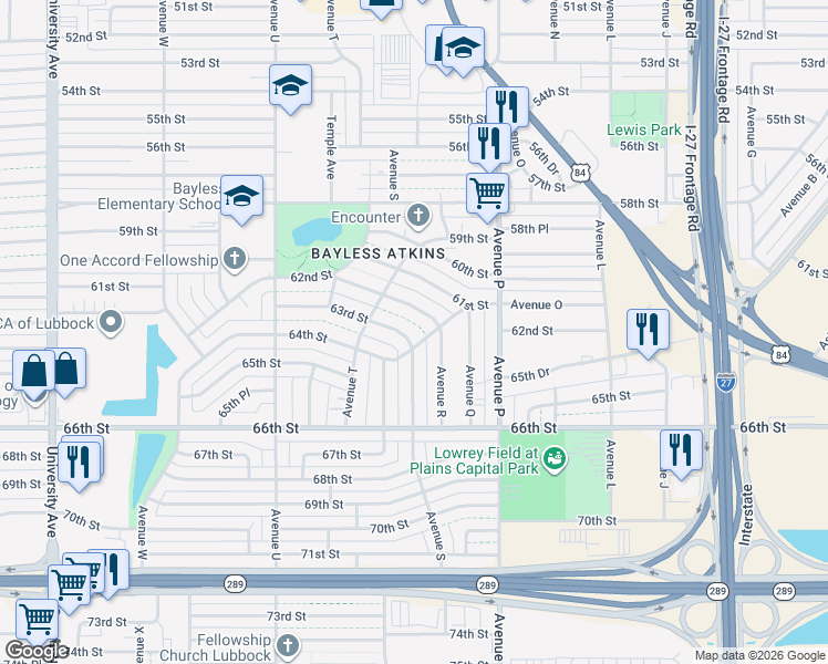 map of restaurants, bars, coffee shops, grocery stores, and more near 6101 Avenue S in Lubbock