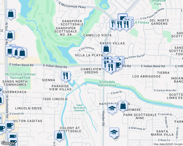 map of restaurants, bars, coffee shops, grocery stores, and more near 7905 East Joshua Tree Lane in Scottsdale
