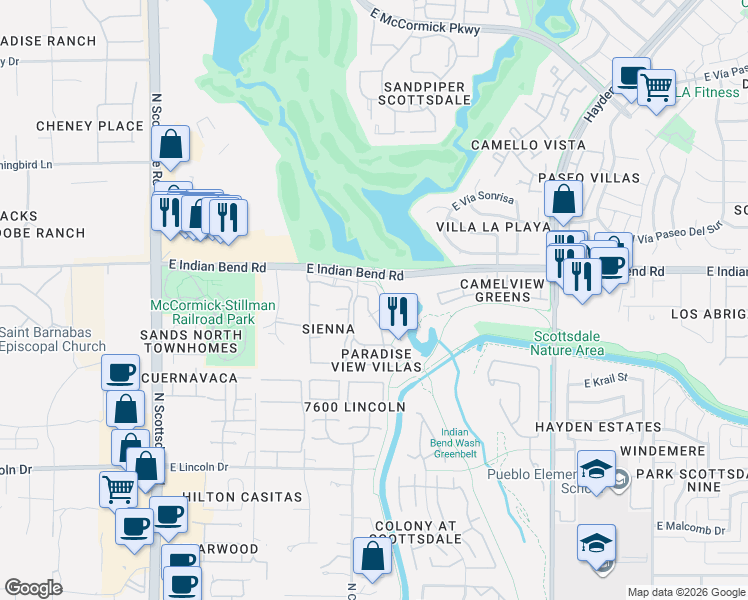 map of restaurants, bars, coffee shops, grocery stores, and more near 7601 East Indian Bend Road in Scottsdale