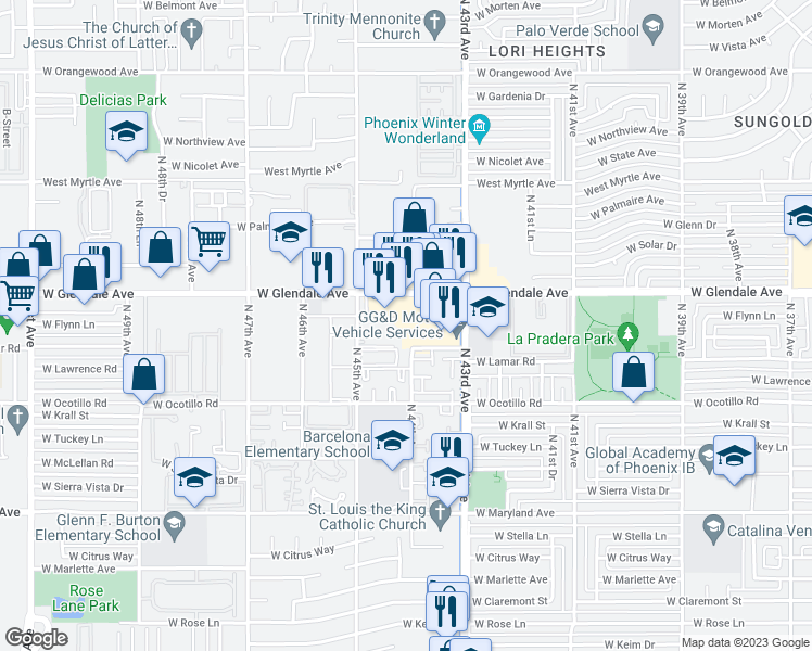 map of restaurants, bars, coffee shops, grocery stores, and more near 6814 North 44th Avenue in Glendale