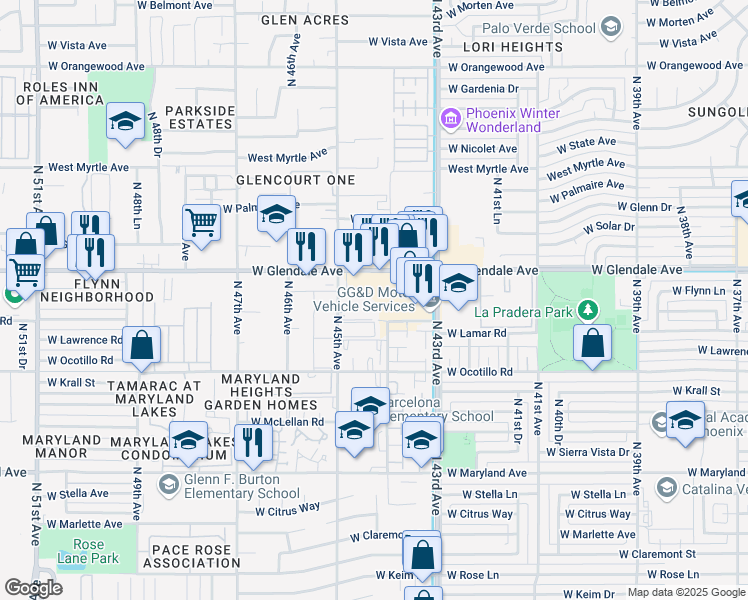 map of restaurants, bars, coffee shops, grocery stores, and more near 6814 North 44th Avenue in Glendale