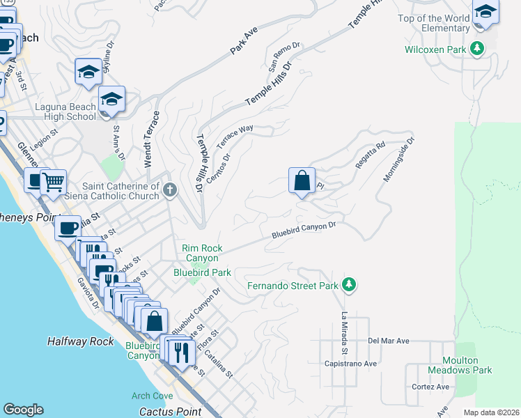 map of restaurants, bars, coffee shops, grocery stores, and more near 962 Oriole Drive in Laguna Beach