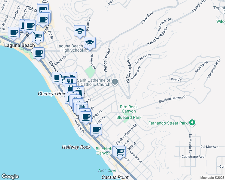 map of restaurants, bars, coffee shops, grocery stores, and more near 665 Lombardy Lane in Laguna Beach