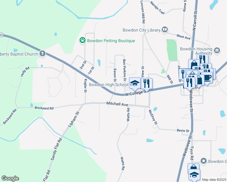 map of restaurants, bars, coffee shops, grocery stores, and more near 700 West College Street in Carrollton