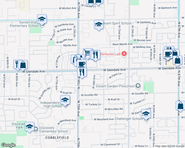 map of restaurants, bars, coffee shops, grocery stores, and more near 6934 North 74th Avenue in Glendale